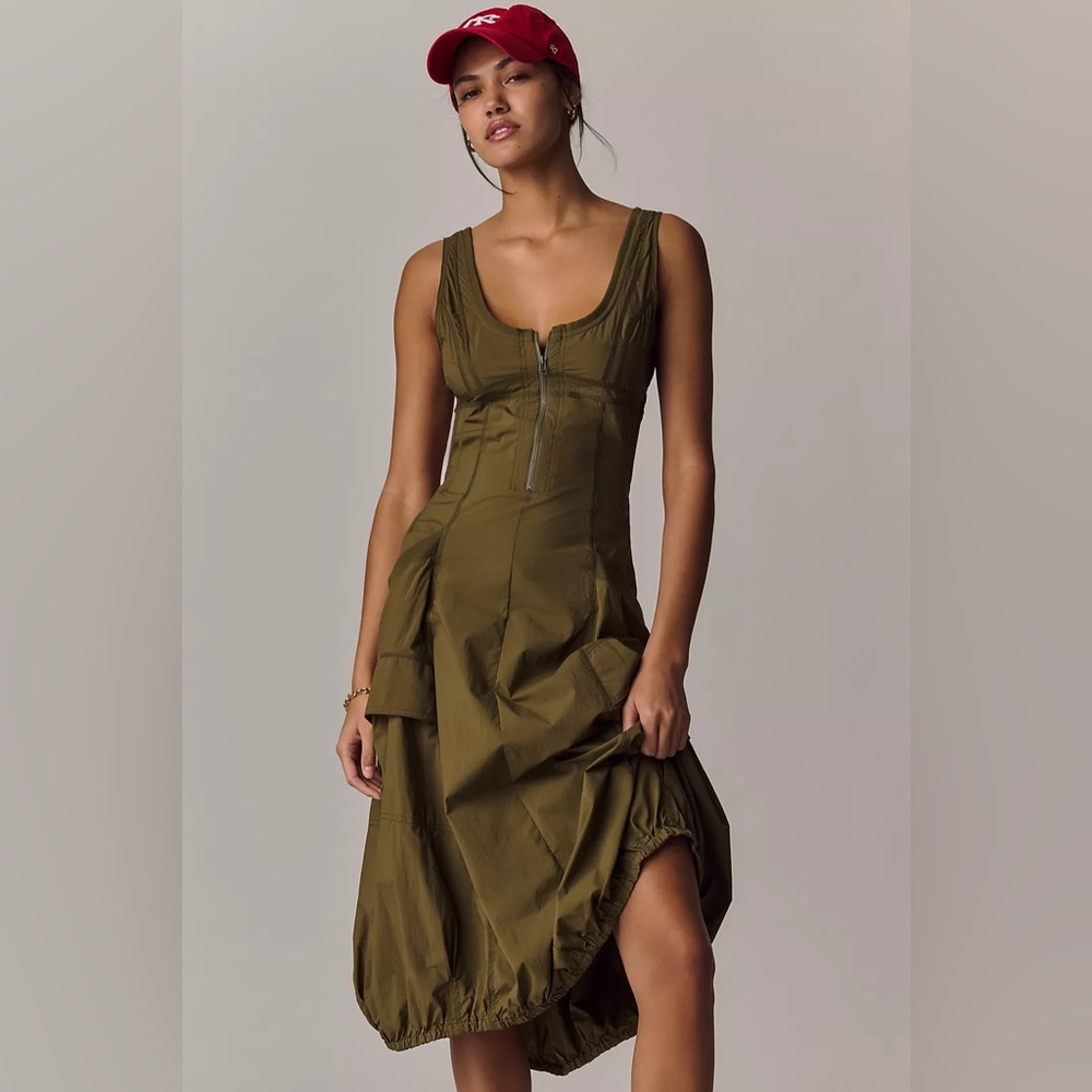 Anthropologie Daily Practice Fast Bubble Hem Olive Green Midi Dress